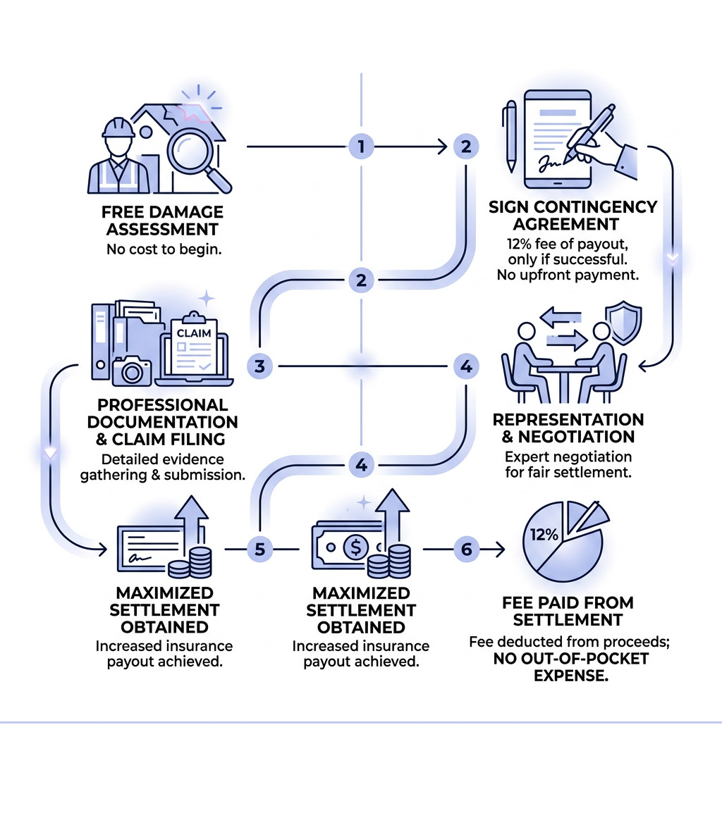 Step-by-step infographic of a contingency-based property insurance claim process with no upfront fees - no win no fee Step-by-step infographic of a contingency-based property insurance claim process with no upfront fees - no win no fee