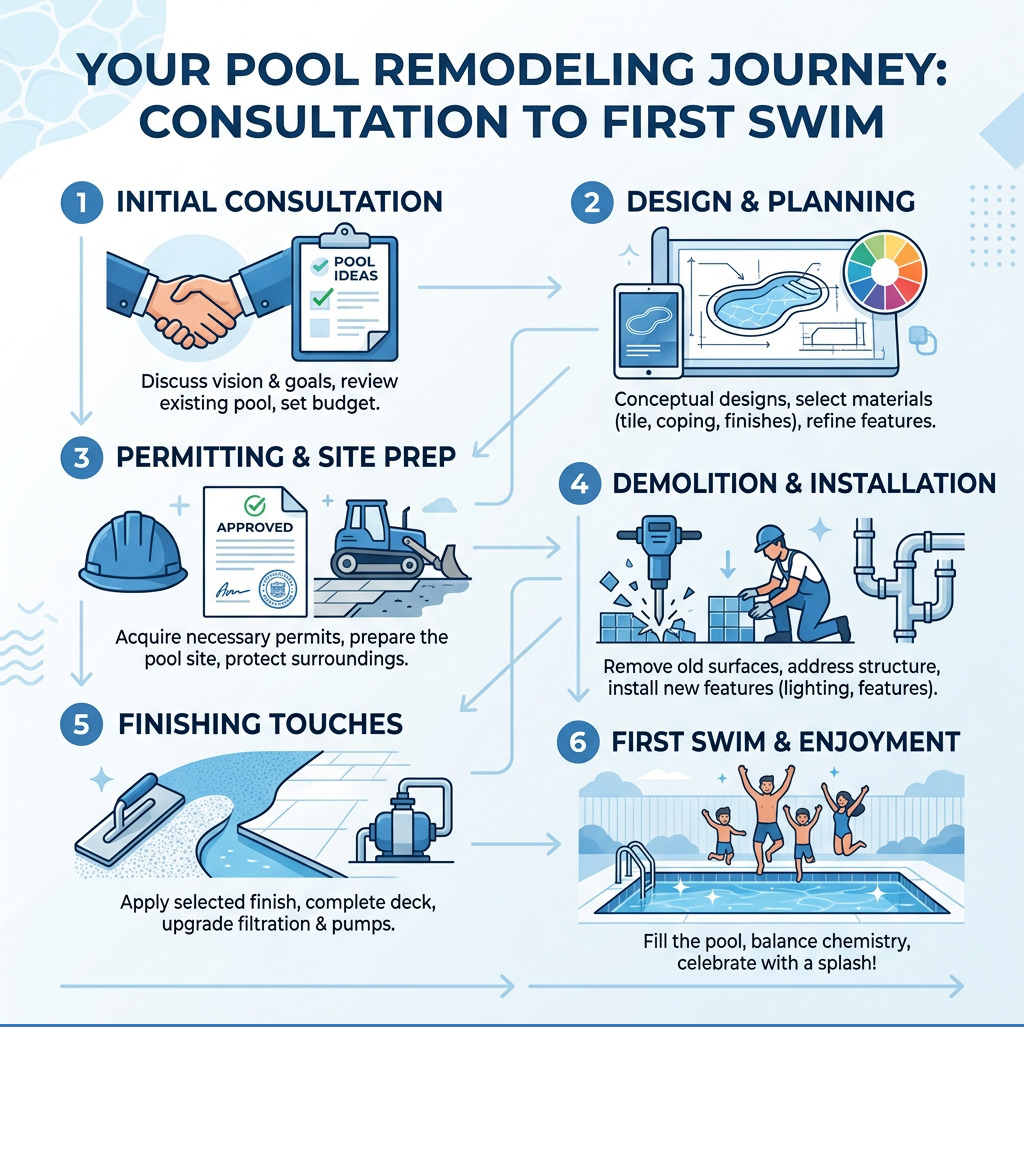 Step-by-step pool remodeling journey from consultation to first swim infographic - houston pool remodeling specialist Step-by-step pool remodeling journey from consultation to first swim infographic - houston pool remodeling specialist