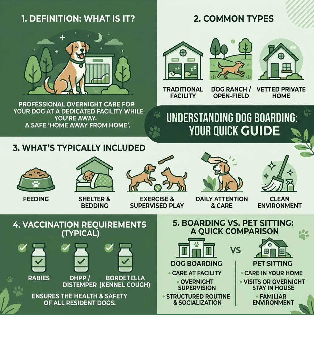 Infographic showing basics of dog boarding: definition, types, what's included, vaccination requirements, and how it differs Infographic showing basics of dog boarding: definition, types, what's included, vaccination requirements, and how it differs