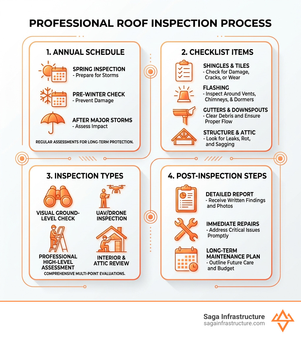 Infographic showing roof inspection process: annual schedule, checklist items, inspection types, and post-inspection steps