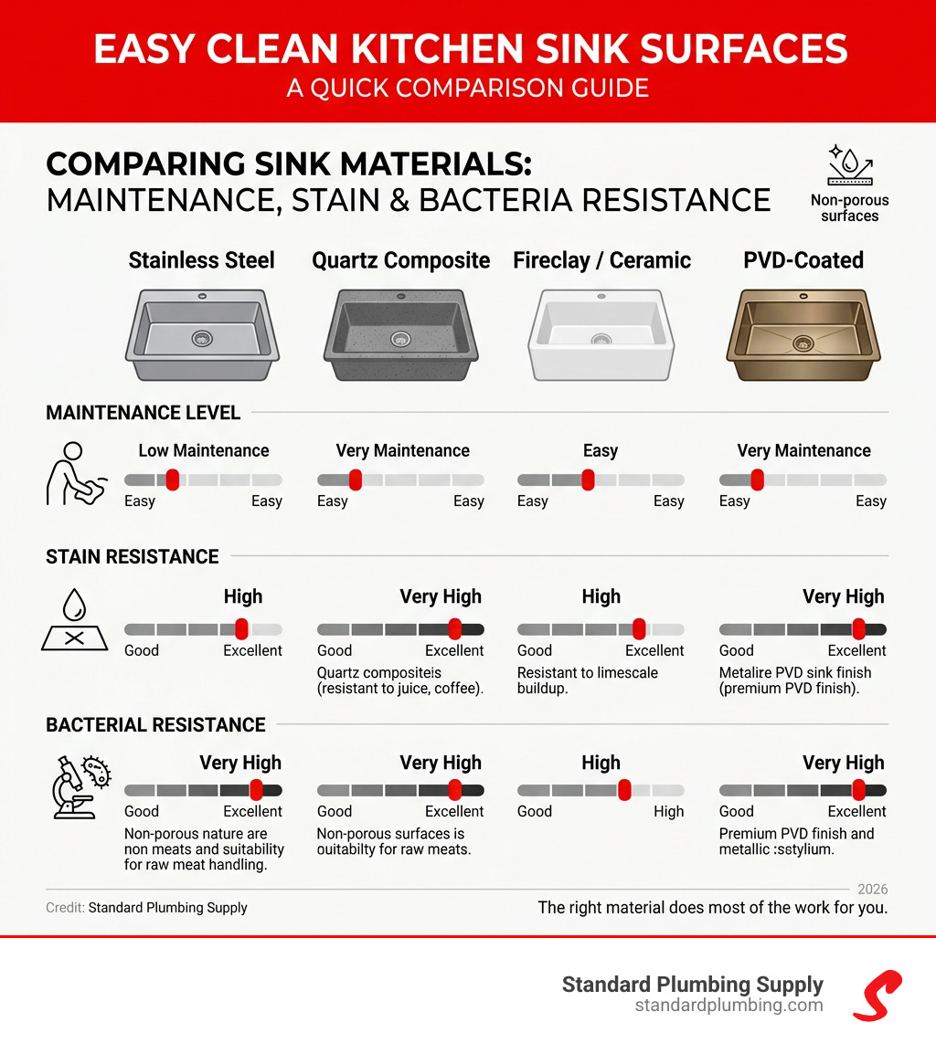 Infographic comparing sink materials by maintenance level, stain resistance, and bacterial resistance - easy clean kitchen