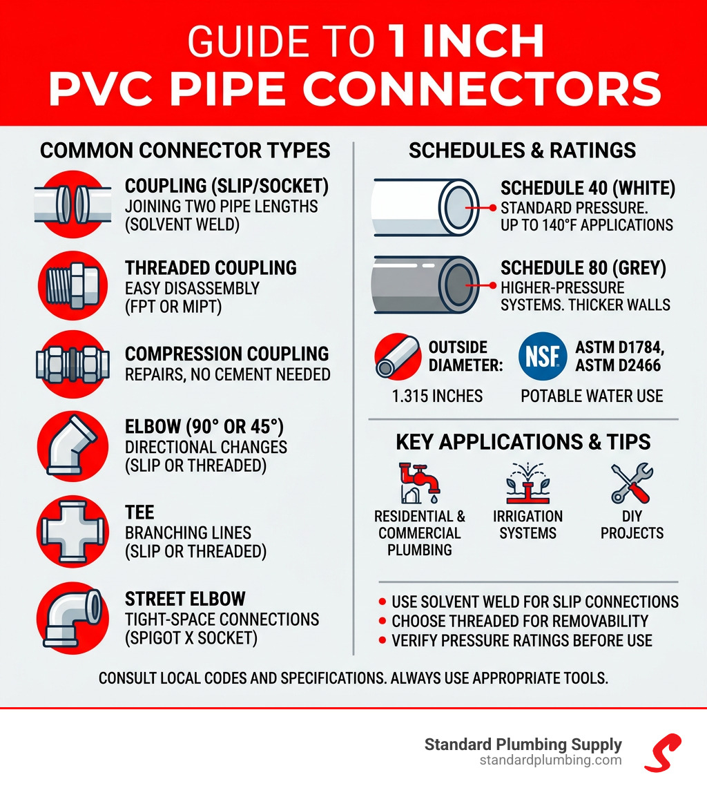 Types of 1 inch PVC pipe connectors with connection styles, schedules, and applications - 1 inch pvc pipe connectors