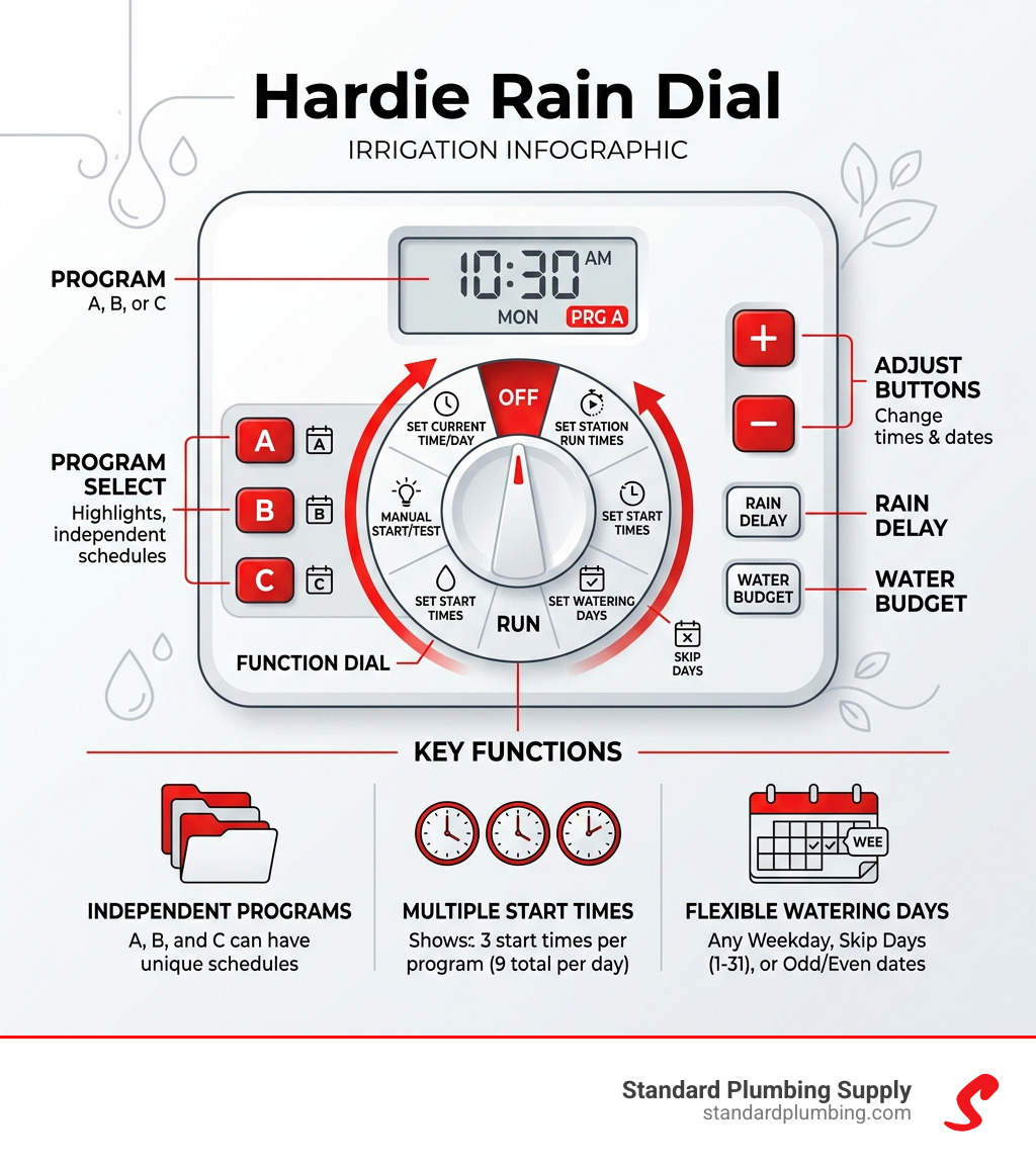 Hardie Rain Dial interface diagram showing dial positions, programs, and key functions - hardie irrigation rain dial