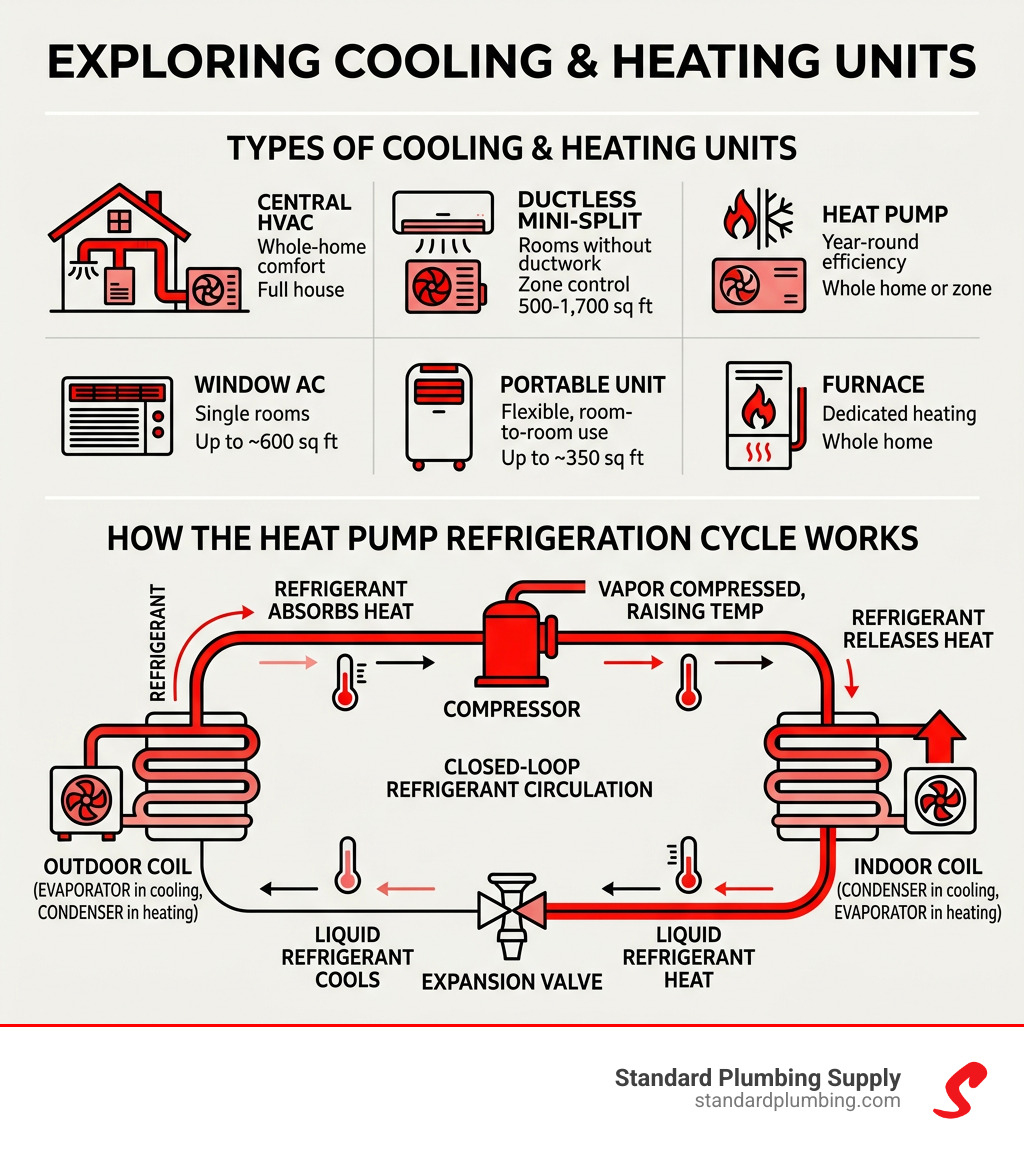 Types of cooling heating units and how the heat pump refrigeration cycle works - cooling heating unit infographic 