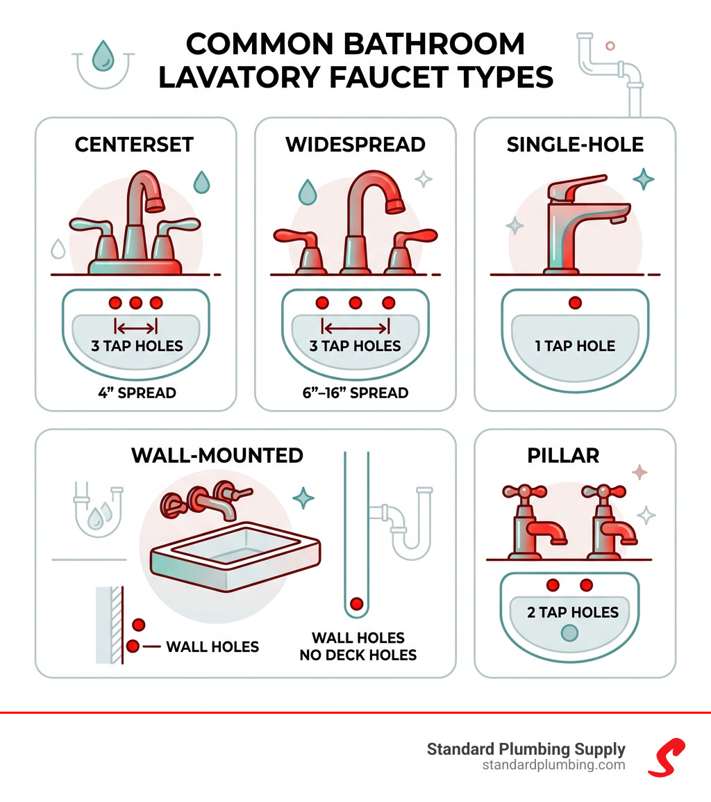 Infographic showing bathroom lavatory faucet types centerset widespread single hole wall mounted and pillar with tap hole