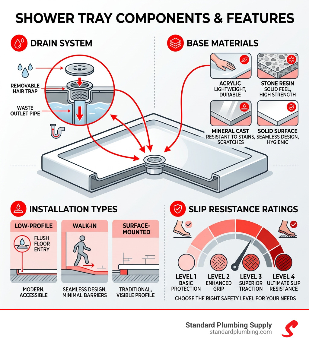 Shower tray components diagram showing drain, base materials, installation types, and slip resistance ratings - bathroom Shower tray components diagram showing drain, base materials, installation types, and slip resistance ratings - bathroom