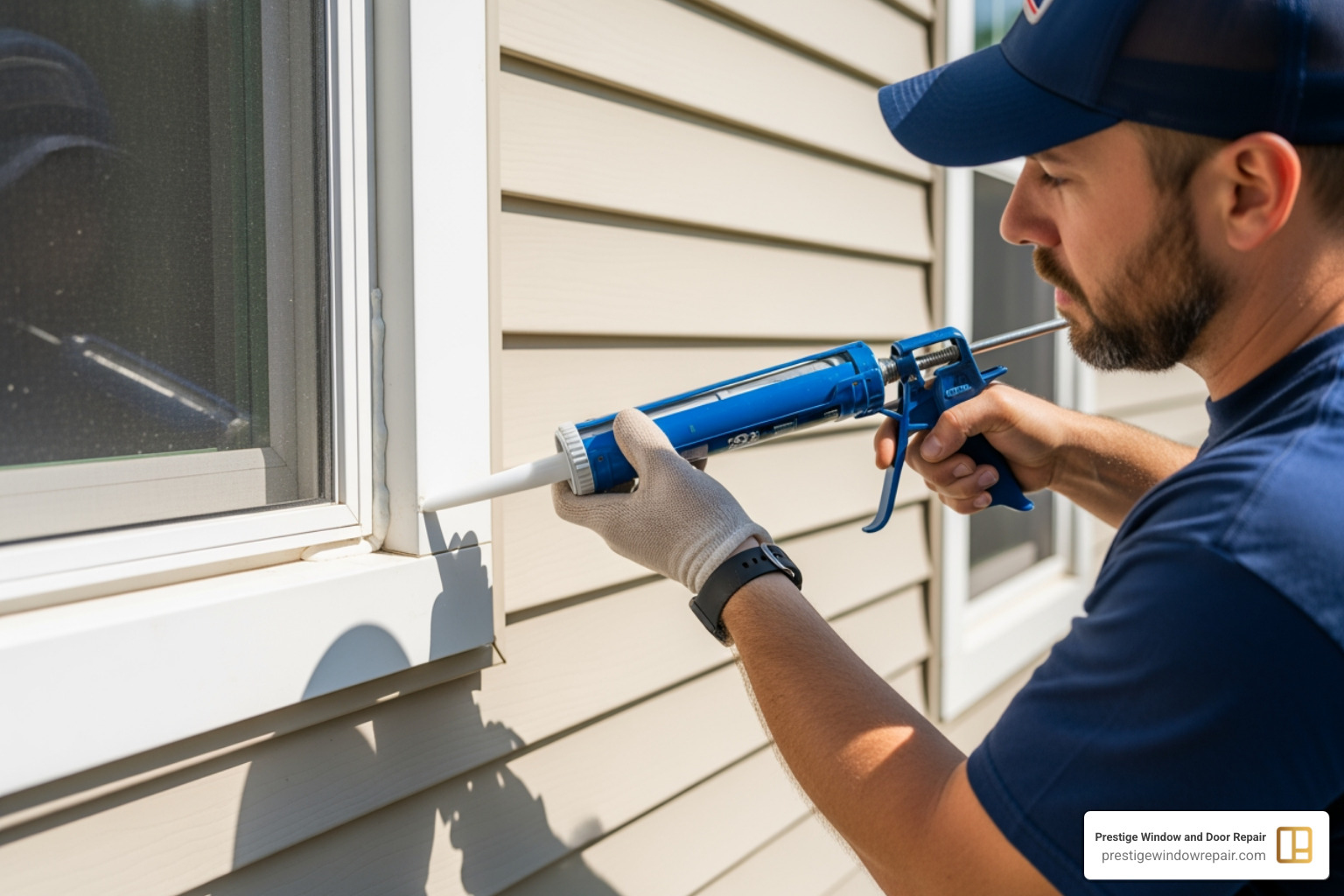 Professional technician applying high-quality sealant to an exterior window frame - average cost to recaulk outdoor window