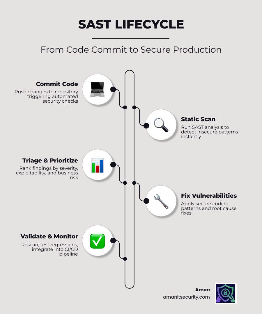 Infographic showing SAST lifecycle: code commit, static scan, triage, prioritize, fix, validate, monitor - SAST Infographic showing SAST lifecycle: code commit, static scan, triage, prioritize, fix, validate, monitor - SAST