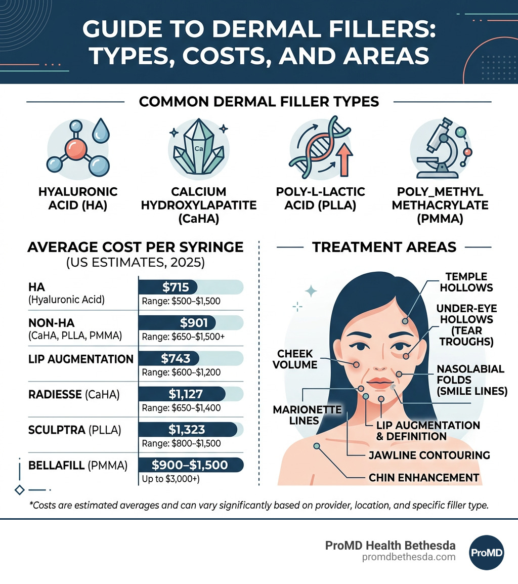 Infographic showing dermal filler types, average costs per syringe, and treatment areas - how much do dermal fillers cost Infographic showing dermal filler types, average costs per syringe, and treatment areas - how much do dermal fillers cost