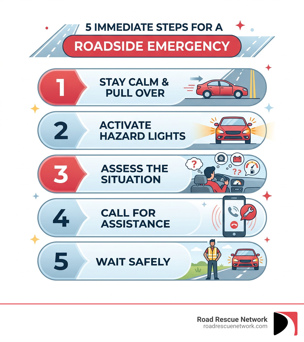 Infographic showing 5 immediate steps to take during a roadside emergency - roadside service near me infographic 