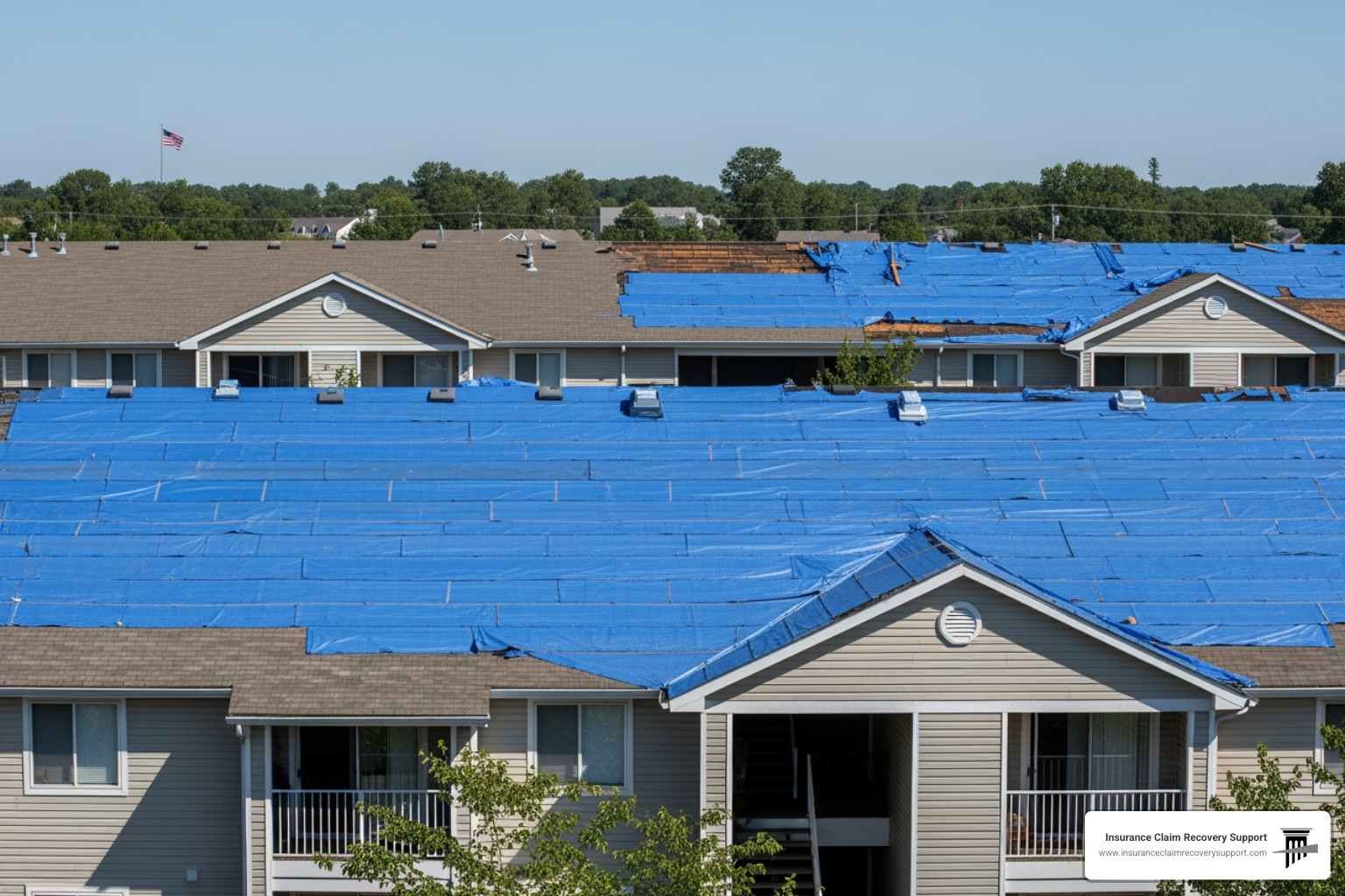 Tarped roof on a multifamily building awaiting an HOA roof claim settlement - HOA Roof Claim