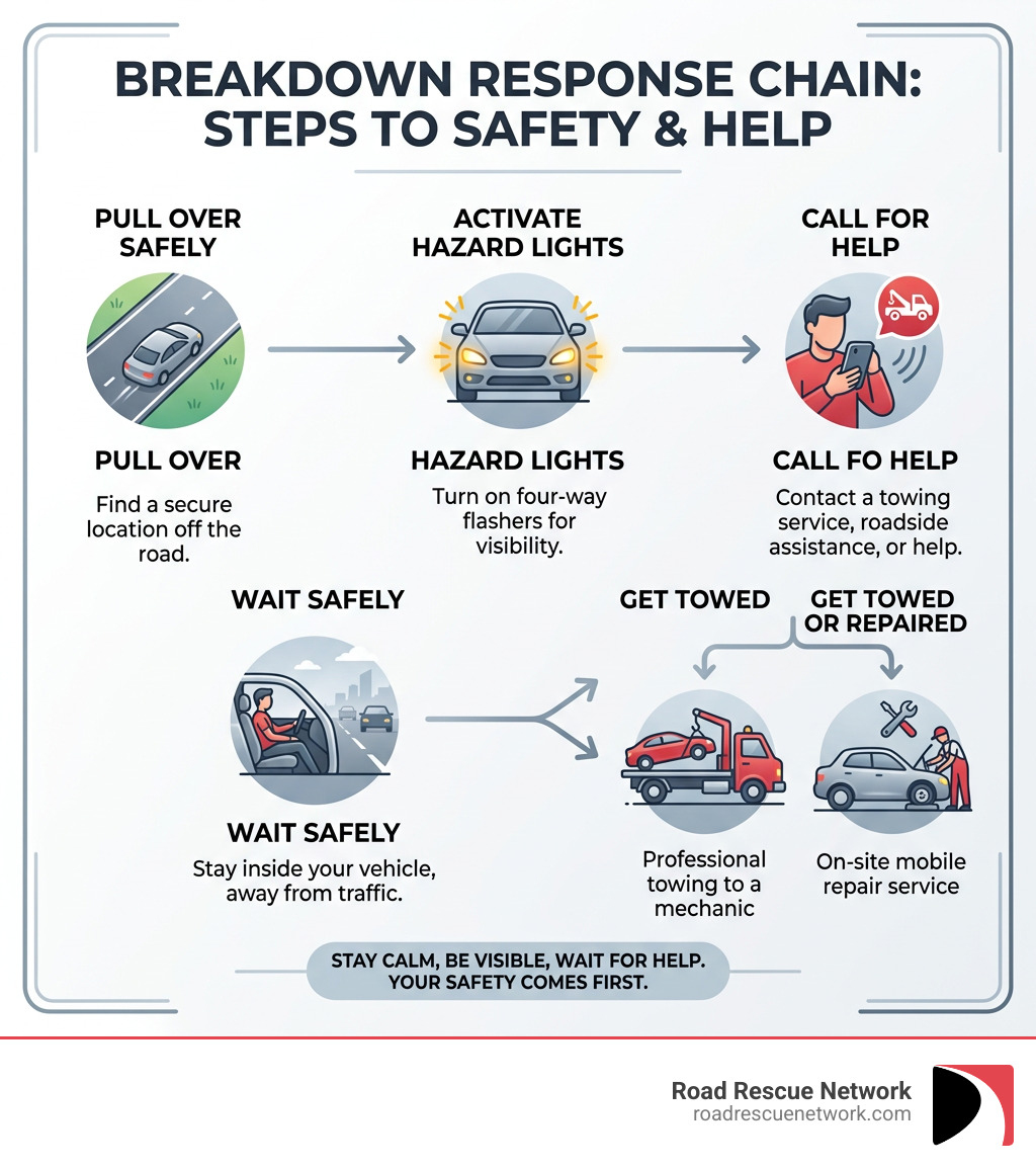 Breakdown response chain infographic: pull over, hazard lights, call for help, wait safely, get towed or repaired - Car