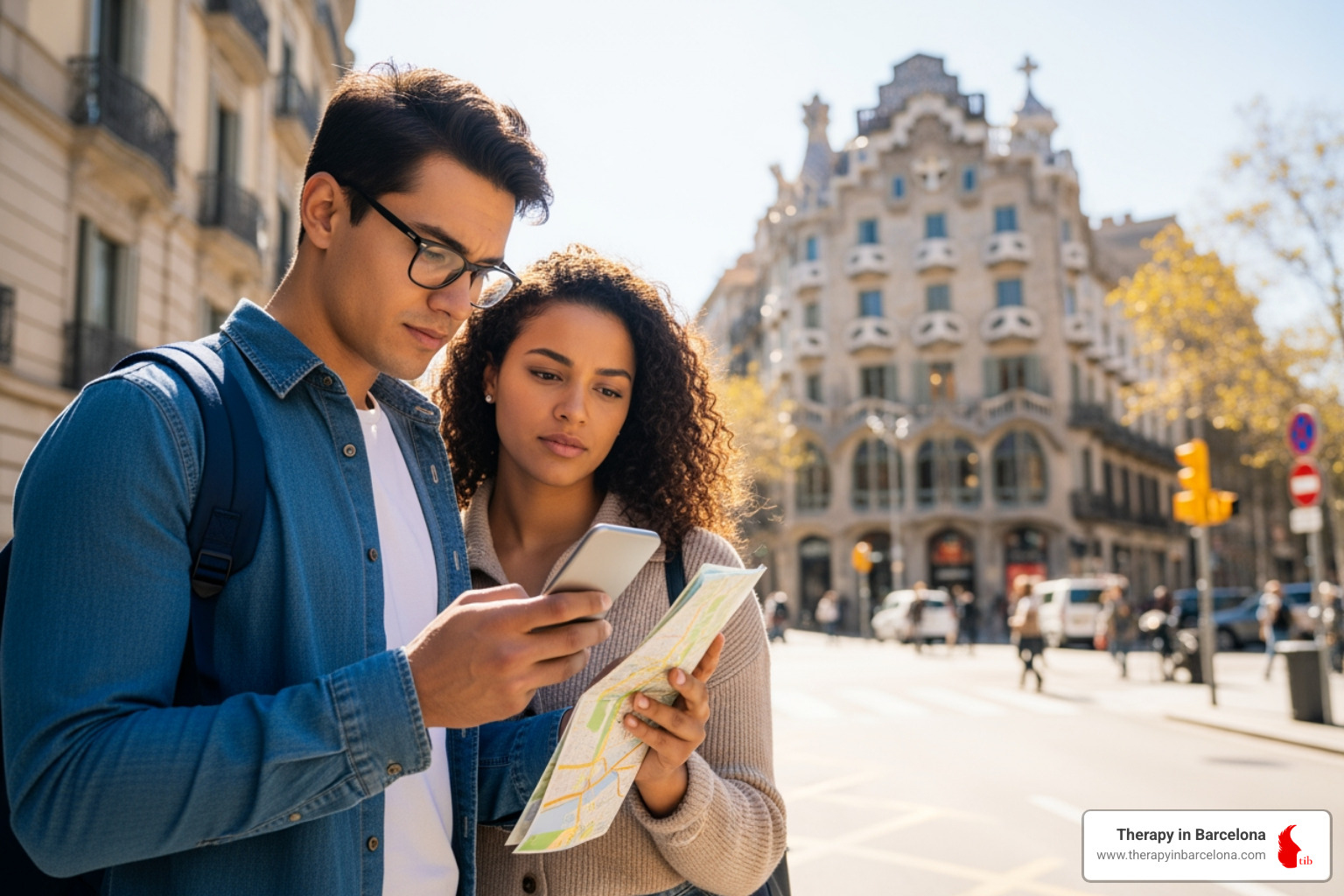 An expat looking at a map or phone, feeling determined while navigating a new city - customer service barcelona An expat looking at a map or phone, feeling determined while navigating a new city - customer service barcelona