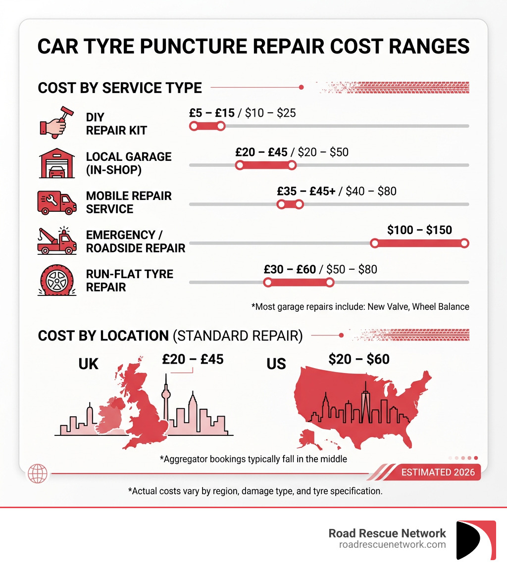 infographic showing car tyre puncture repair cost ranges by service type and location - car tyre puncture repair cost