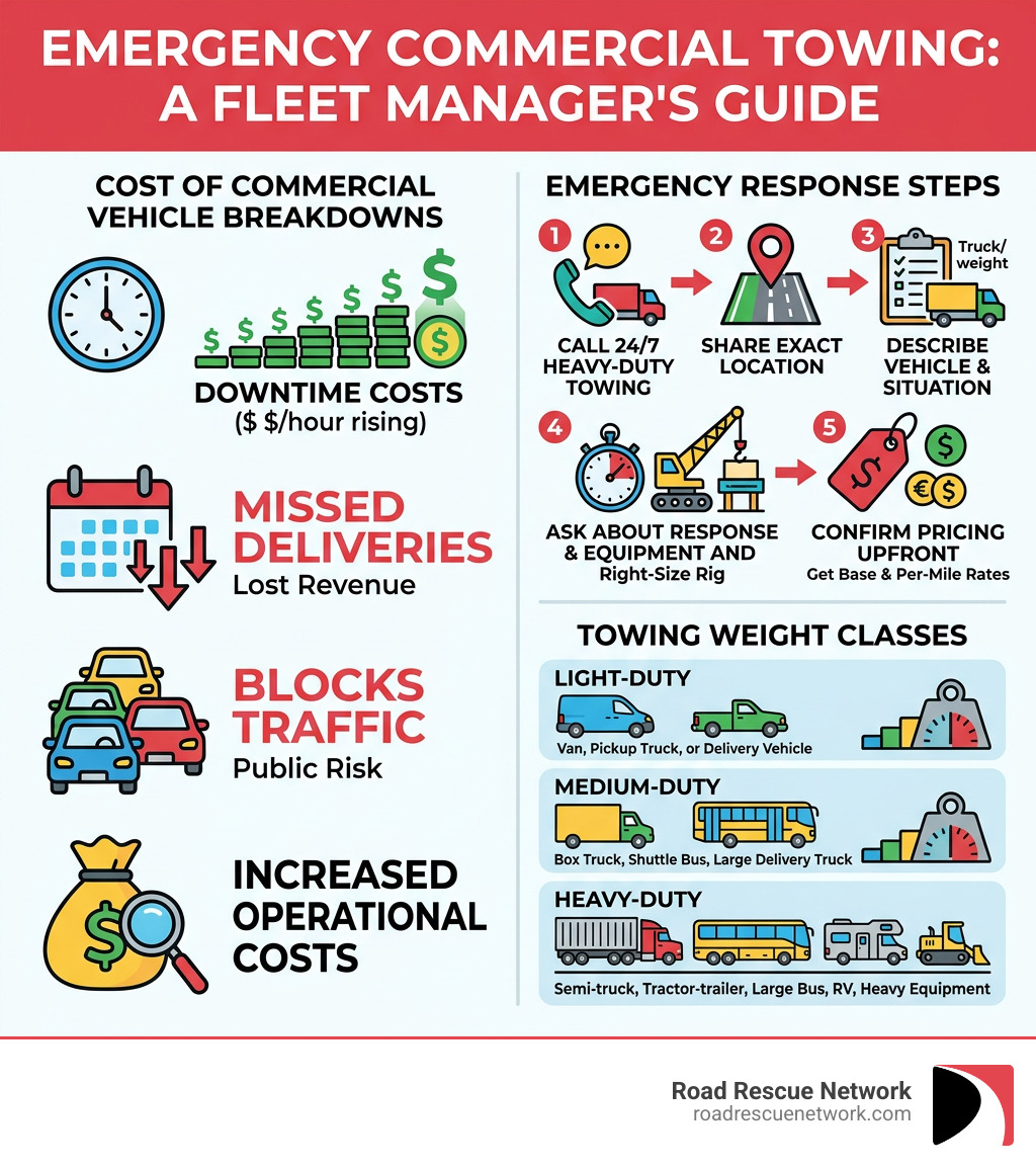Infographic: cost of commercial vehicle breakdowns, response steps, and towing weight classes - emergency commercial towing