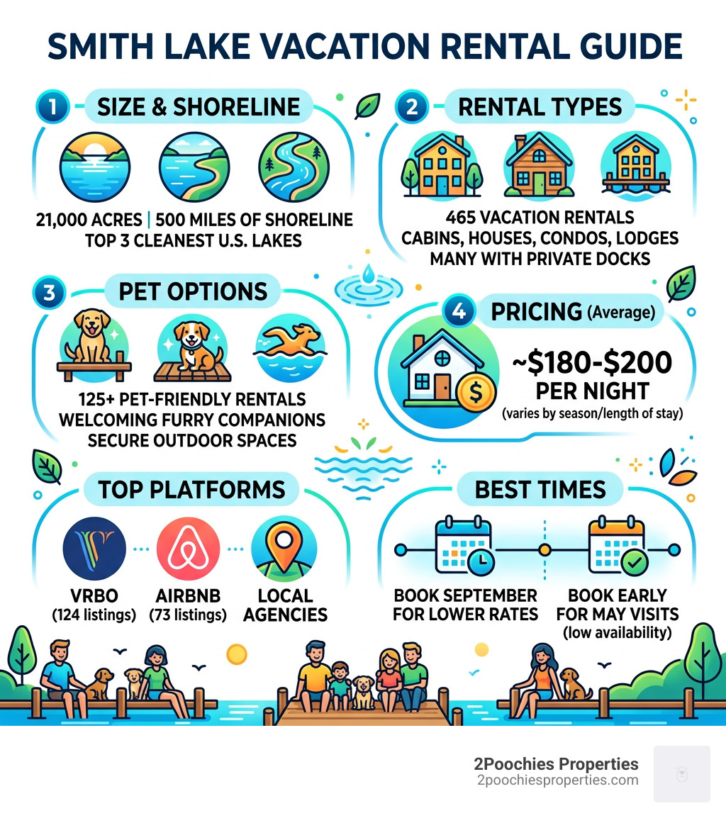 Smith Lake vacation rental key facts infographic: size, pet options, pricing, platforms, best times - smith lake vacation