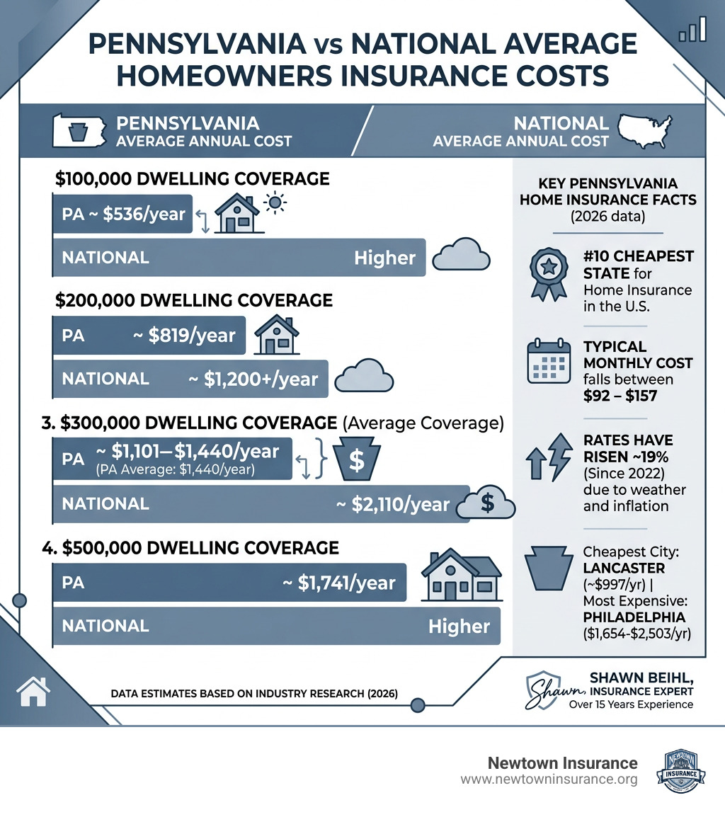 Infographic comparing Pennsylvania homeowners insurance cost vs national average by coverage level - Homeowners insurance PA Infographic comparing Pennsylvania homeowners insurance cost vs national average by coverage level - Homeowners insurance PA