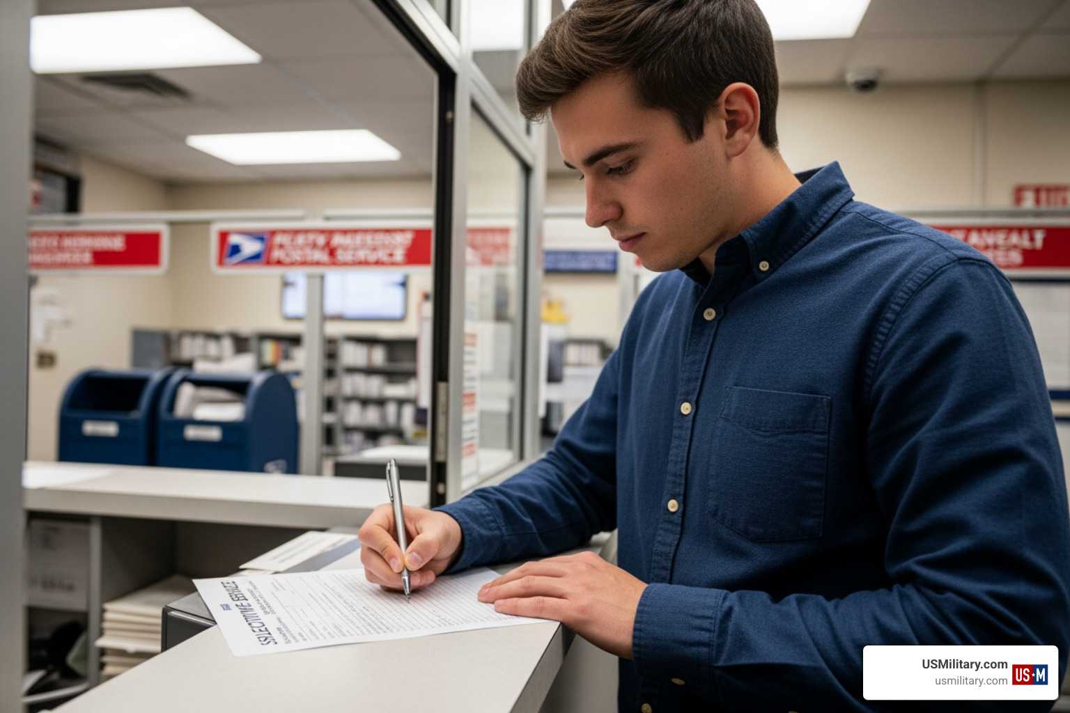 A young man filling out a Selective Service registration form at a post office - What Does A War With Iran Mean For A US