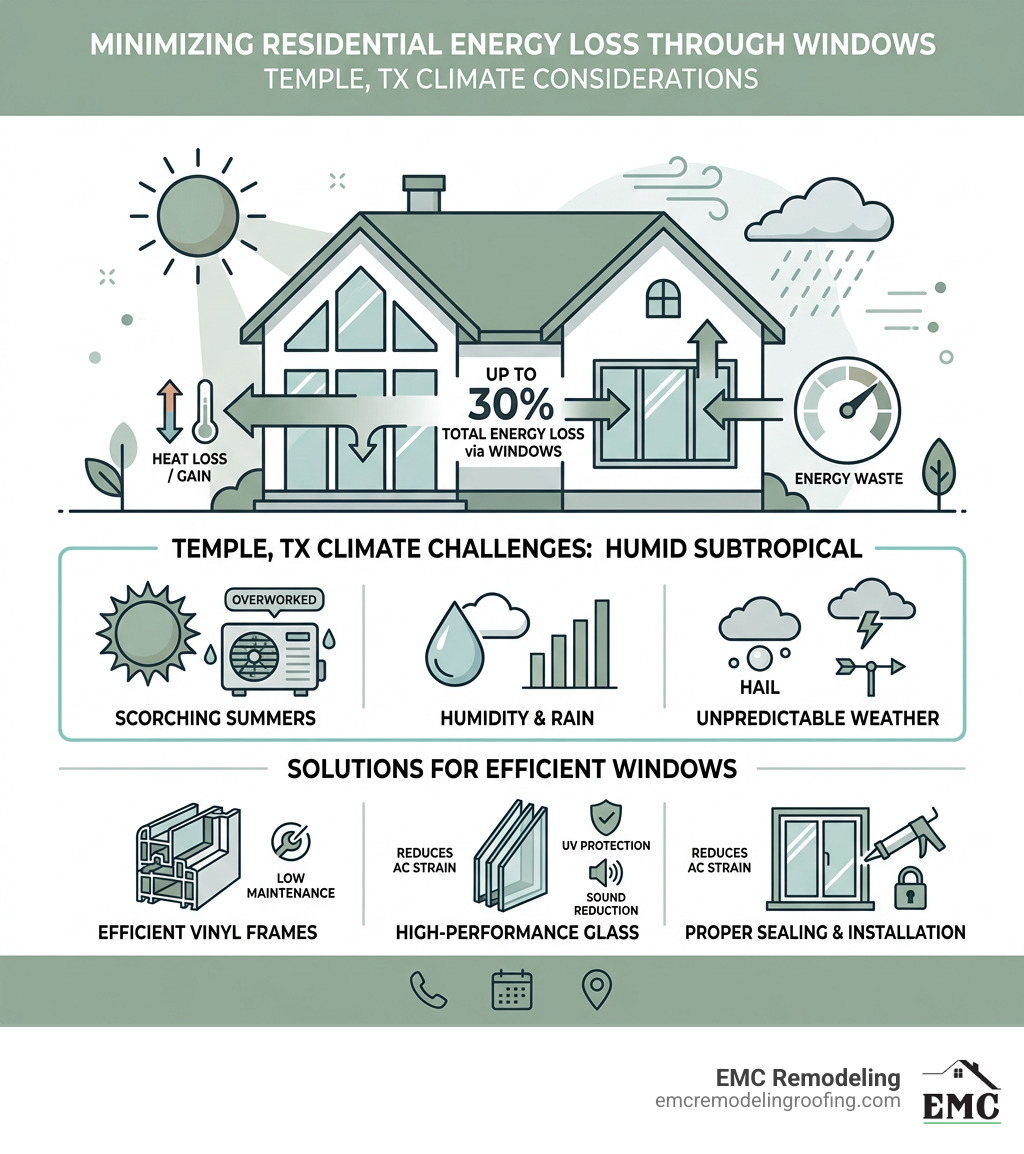 Infographic showing residential energy loss through windows in Temple TX climate zones - windows Temple TX infographic 