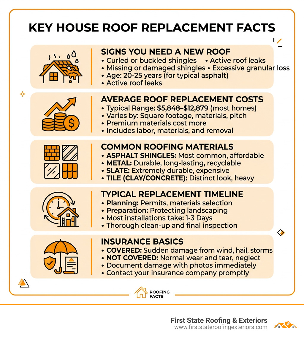 Infographic showing key house roof replacement facts: signs, costs, materials, timeline, and insurance basics - house roof Infographic showing key house roof replacement facts: signs, costs, materials, timeline, and insurance basics - house roof
