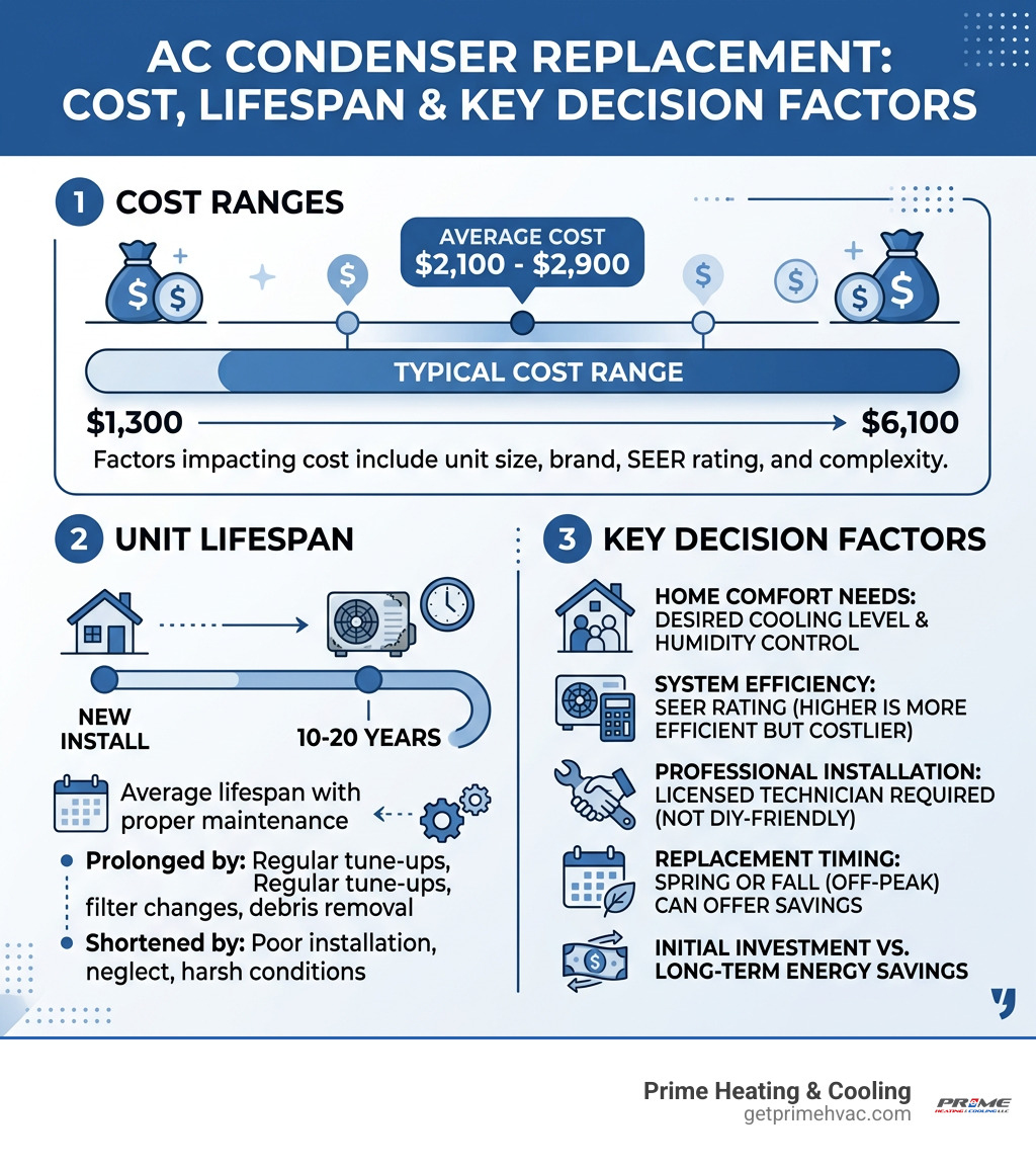 Infographic showing AC condenser replacement cost ranges, lifespan, and key decision factors - AC condenser replacement
