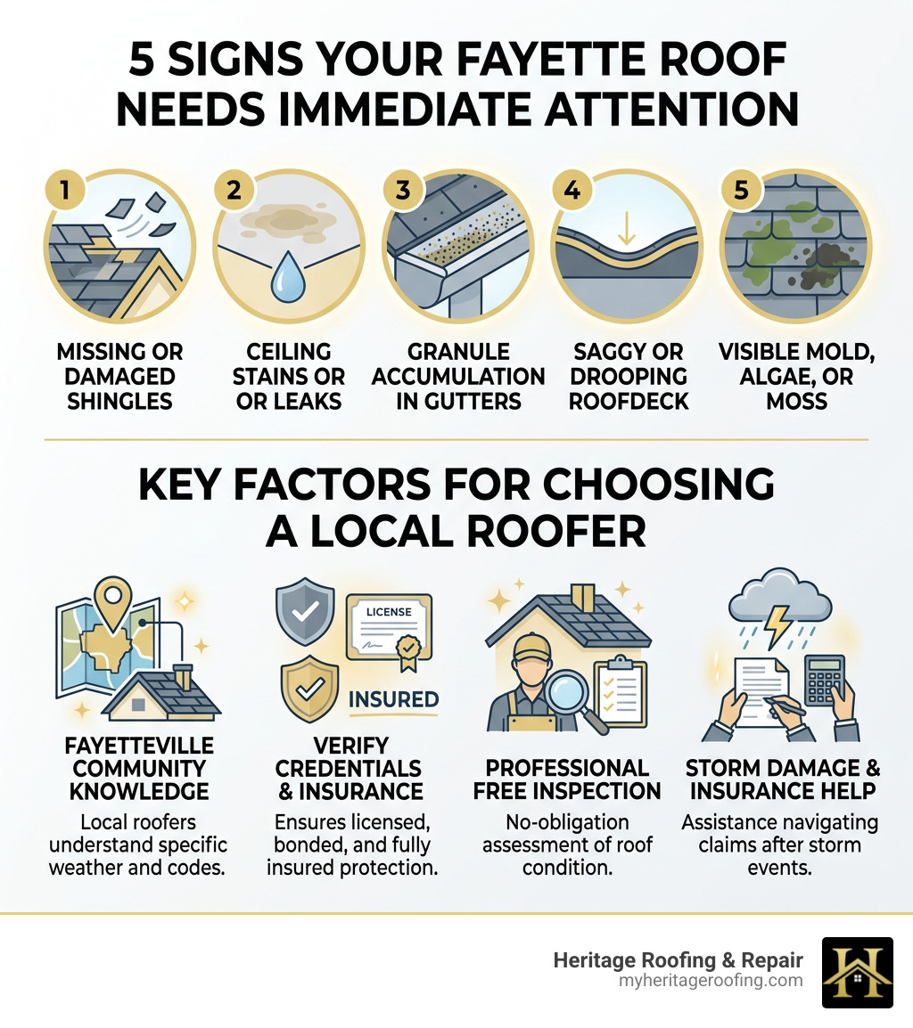 Infographic showing 5 signs your Fayette roof needs immediate attention and key factors for choosing a local roofer Infographic showing 5 signs your Fayette roof needs immediate attention and key factors for choosing a local roofer