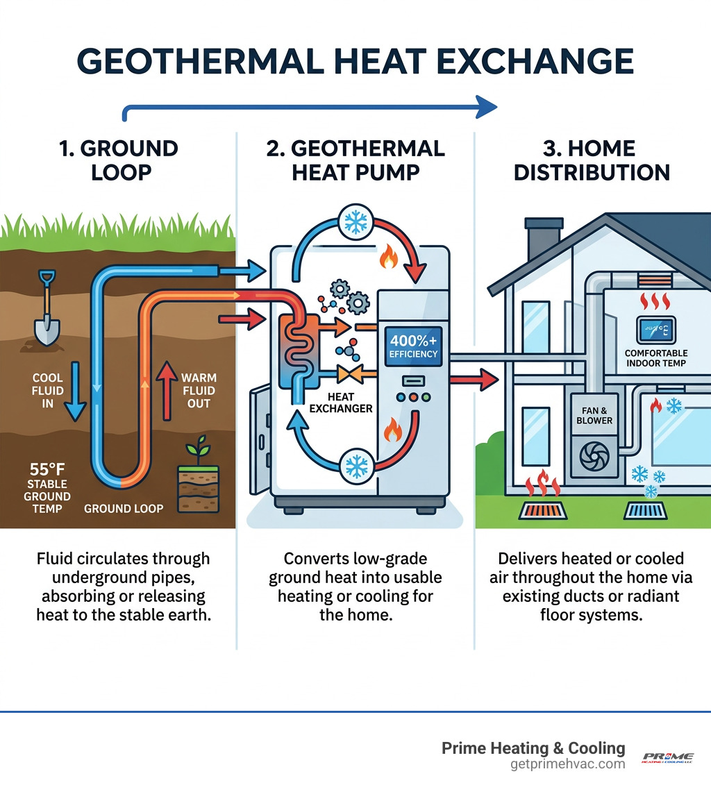 Infographic explaining geothermal heat exchange process: ground loop, heat pump, home distribution - Geothermal HVAC systems