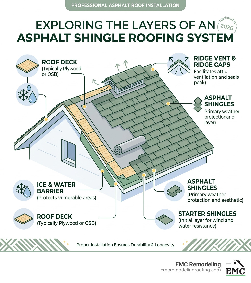 Infographic showing key layers of an asphalt shingle roofing system from deck to ridge cap - asphalt roof installer