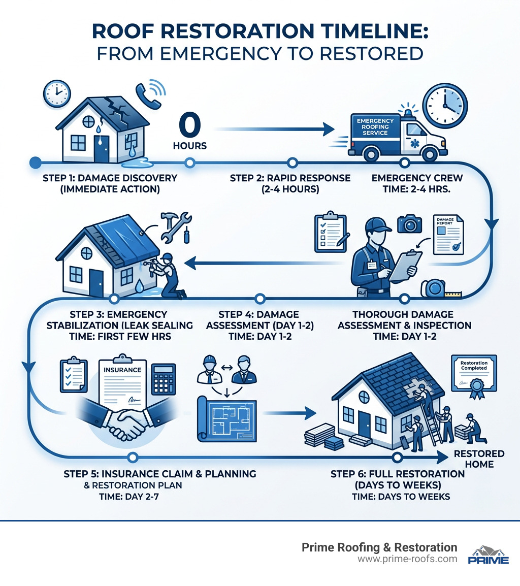 Timeline infographic: from roof damage discovery to emergency tarping, assessment, and full restoration - emergency roofing