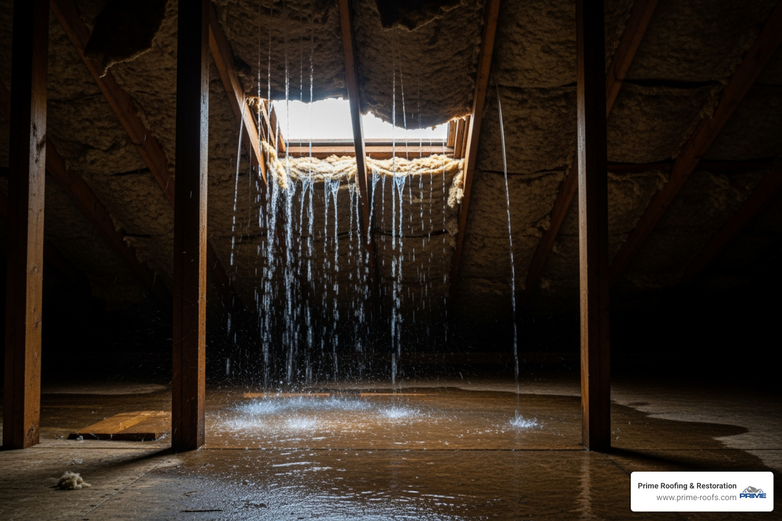major roof leak in an attic - emergency roofing services near me