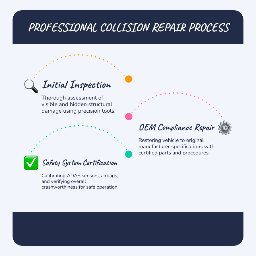 Infographic showing the professional collision repair process: inspection, OEM compliance, safety system check, quality