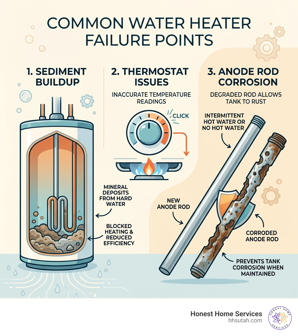 Infographic showing common water heater failure points including sediment buildup, thermostat issues, and anode rod Infographic showing common water heater failure points including sediment buildup, thermostat issues, and anode rod