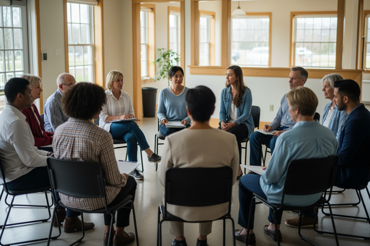 A group of adults sitting in a circle of chairs in a community center, discussing financial planning - homeownership path A group of adults sitting in a circle of chairs in a community center, discussing financial planning - homeownership path