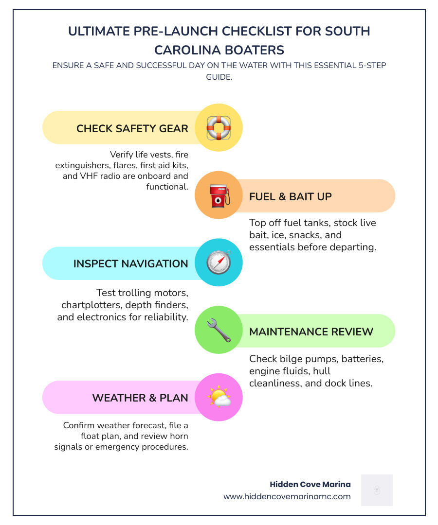 infographic showing a pre-launch checklist for South Carolina boaters with categories for safety, fuel, bait, navigation infographic showing a pre-launch checklist for South Carolina boaters with categories for safety, fuel, bait, navigation