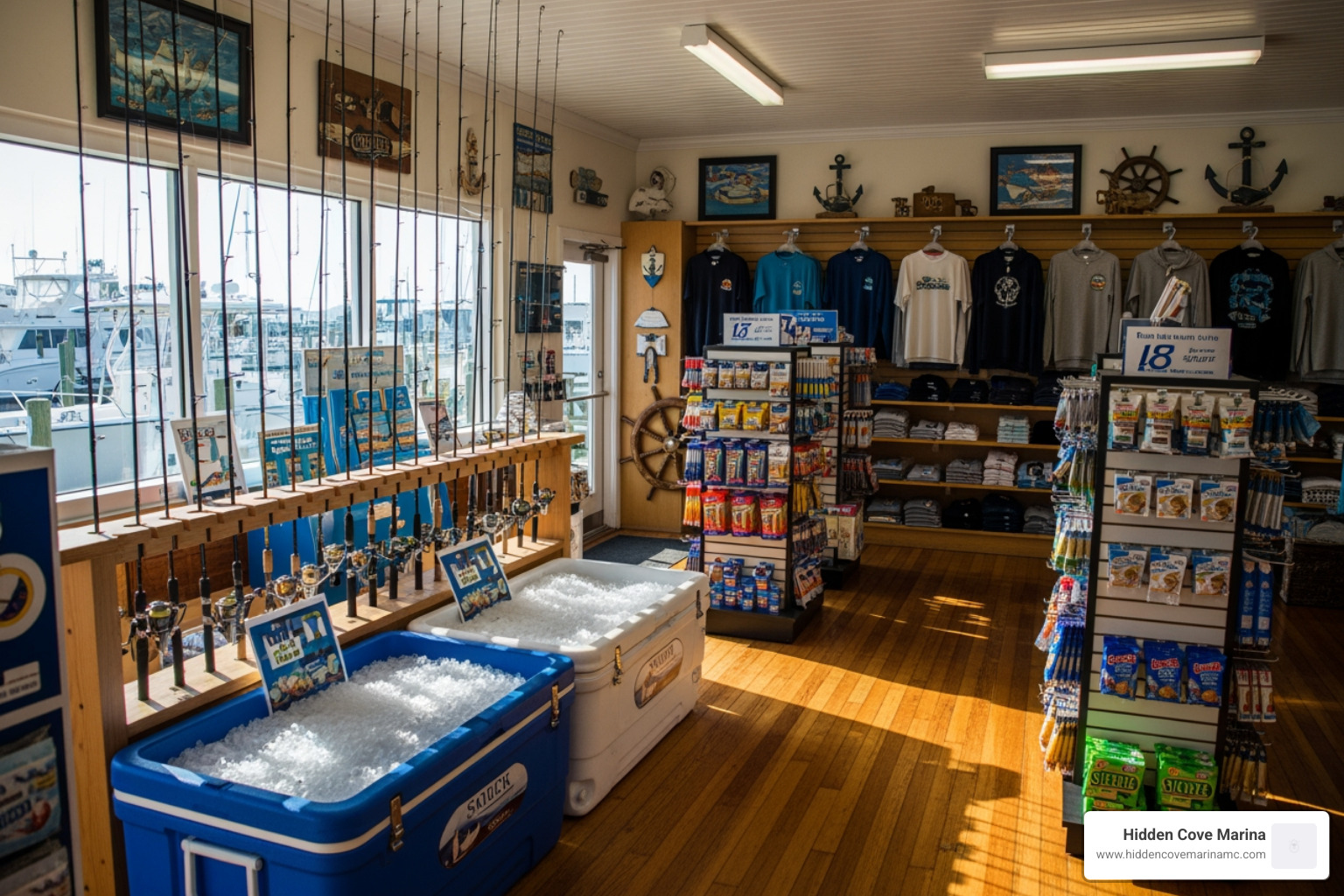 A fully stocked ship's store interior with fishing rods, coolers, and apparel - boat supplies moncks corner A fully stocked ship's store interior with fishing rods, coolers, and apparel - boat supplies moncks corner