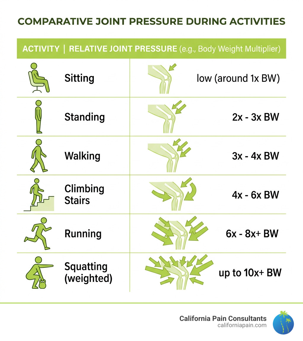 Table comparing joint pressure during different activities - non-surgical joint pain relief infographic 