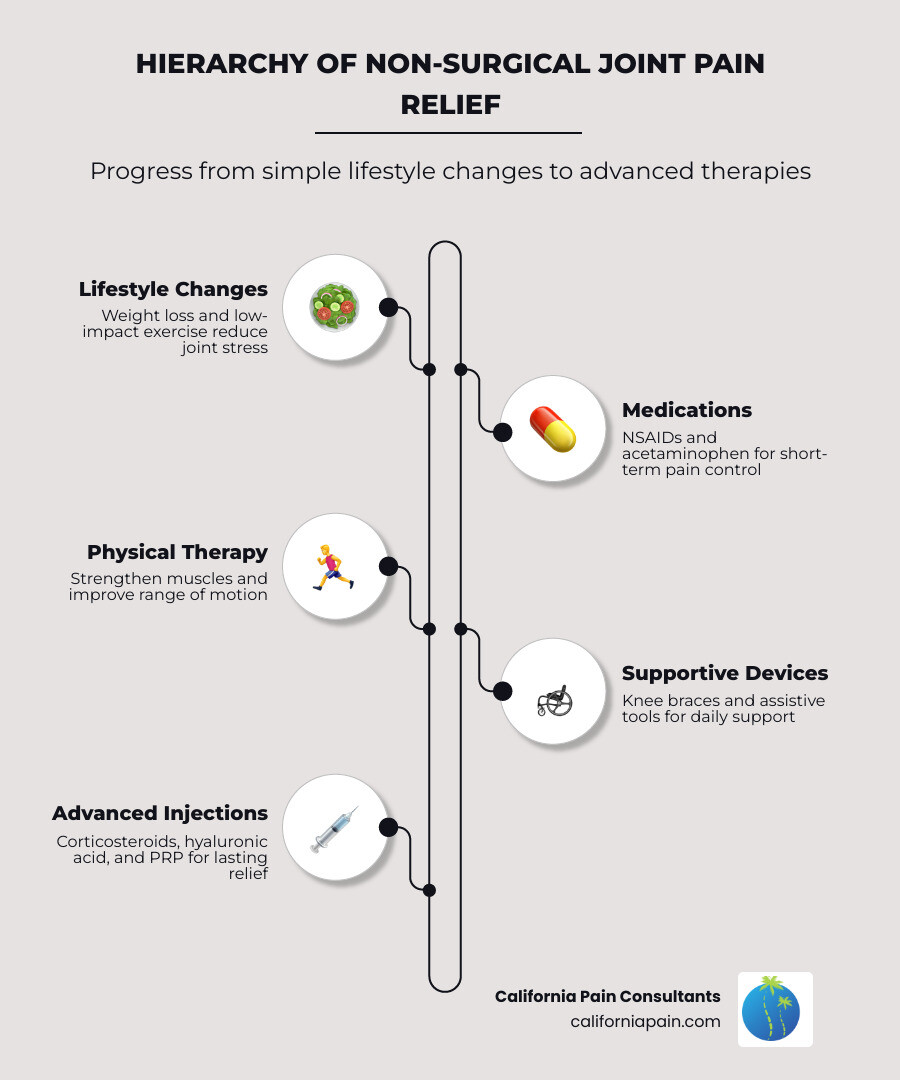 Hierarchy of non-surgical joint pain relief treatments from lifestyle changes to advanced injections - non-surgical joint