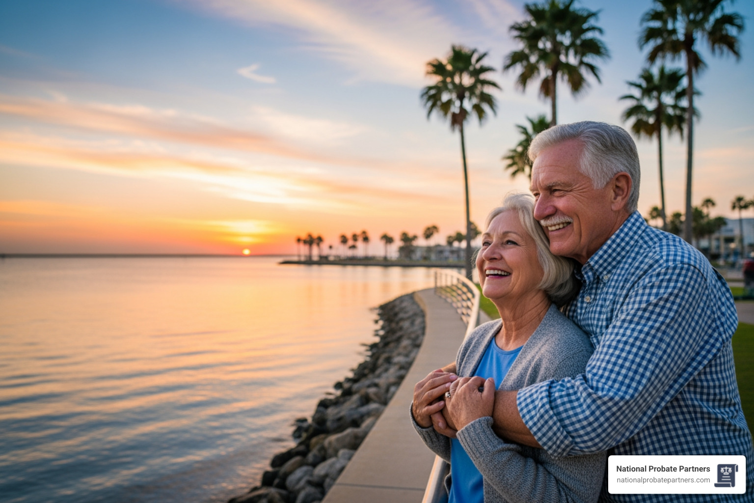 A happy senior couple enjoying a sunset at the Corpus Christi bayfront, representing peace of mind after legal planning