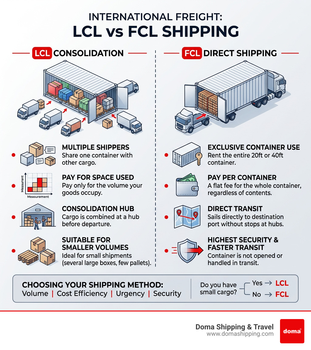 Infographic showing the difference between LCL consolidation and FCL direct shipping - international freight forwarding Infographic showing the difference between LCL consolidation and FCL direct shipping - international freight forwarding