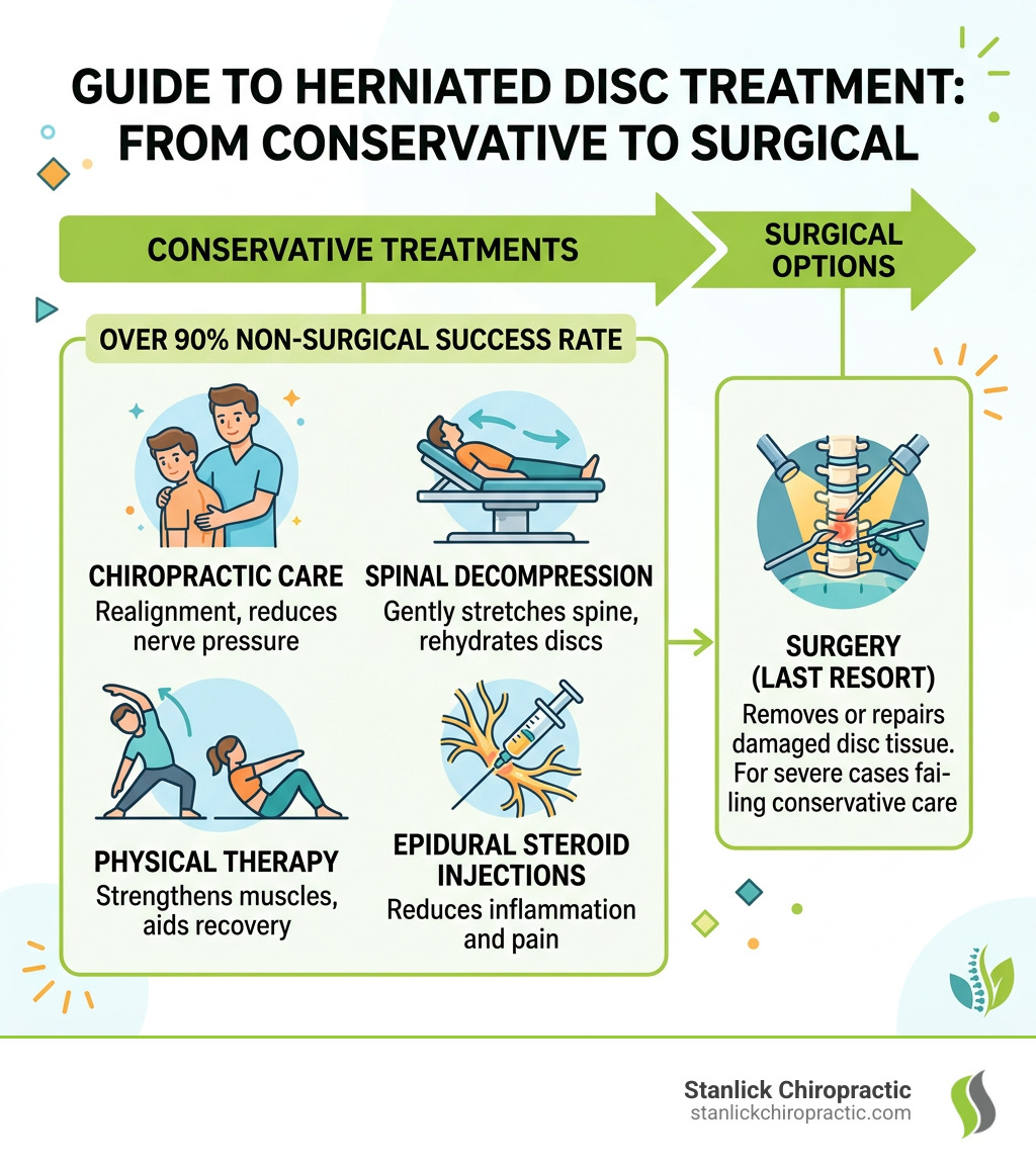 Infographic showing herniated disc treatment options from conservative to surgical, with non-surgical success rate of 90%