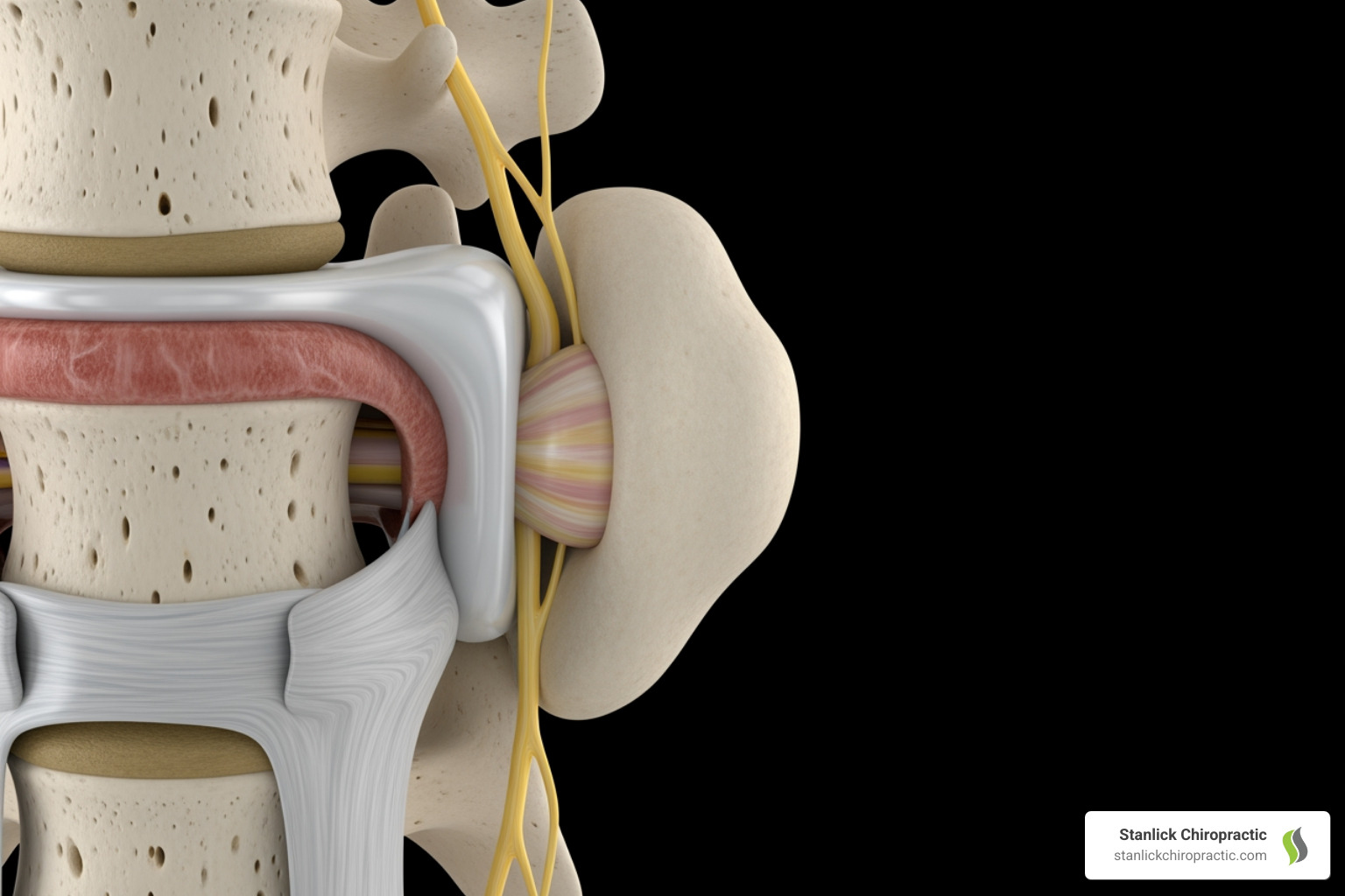 Cross-section of a spinal vertebrae showing a herniated disc compressing a spinal nerve - herniated disc treatment near me