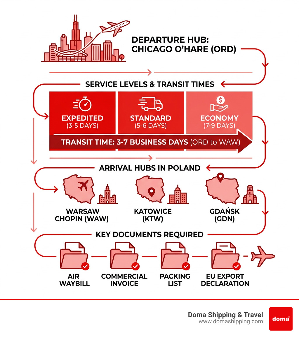 Infographic: Air freight journey from Chicago O'Hare to Poland — transit times, service levels, key airports, and documents