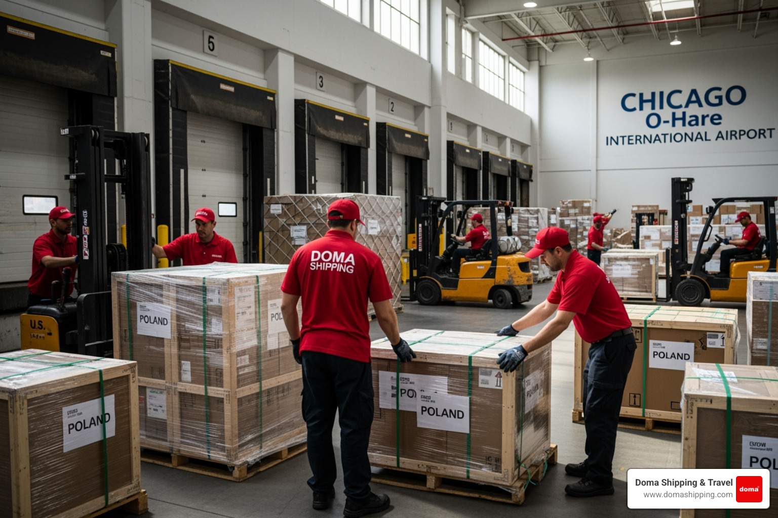 Professionally packed international crates being prepared for overseas shipment in a Chicago warehouse - air freight Chicago