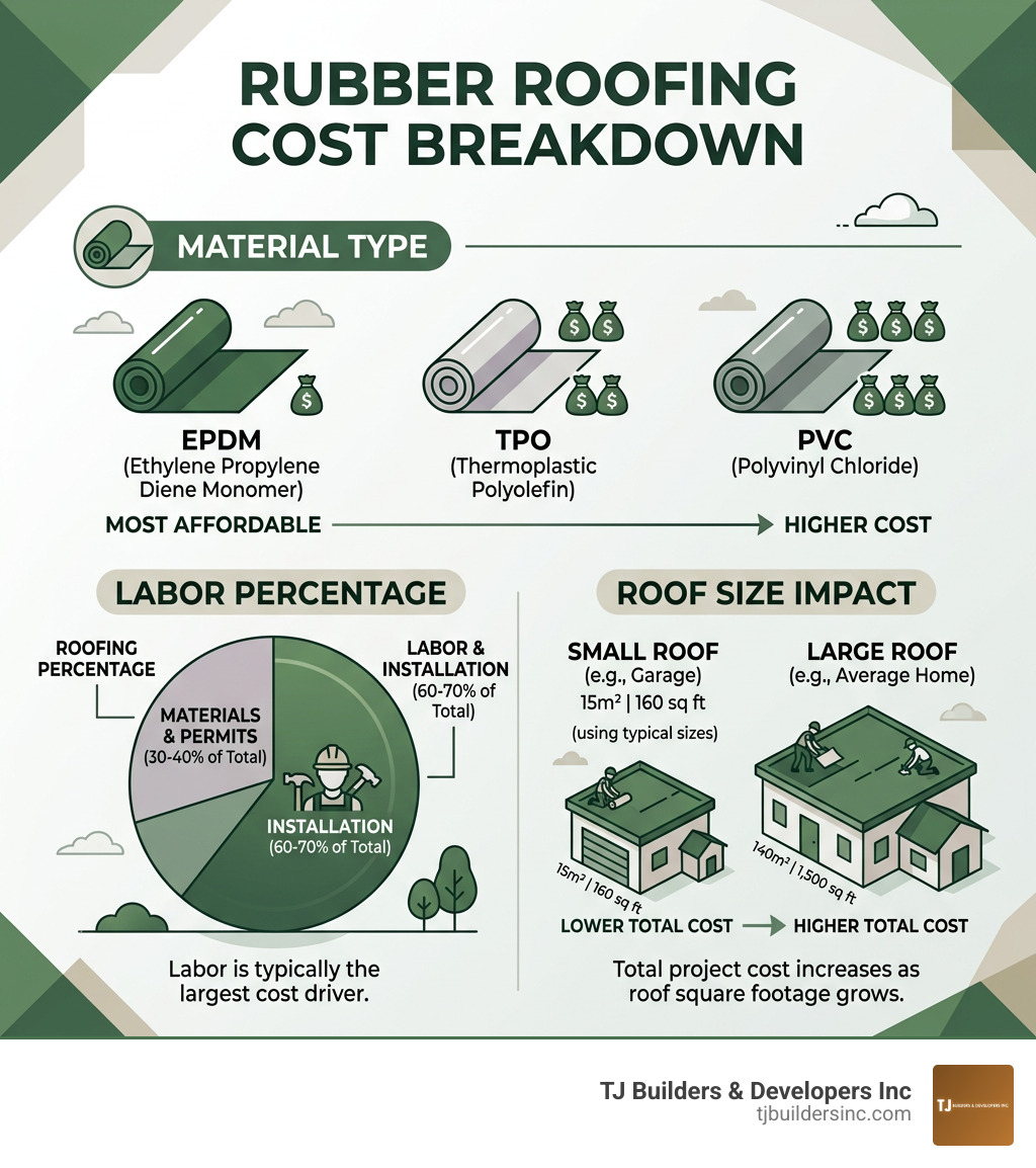 Infographic showing rubber roofing cost breakdown by material type, labor percentage, and roof size - new rubber roof cost