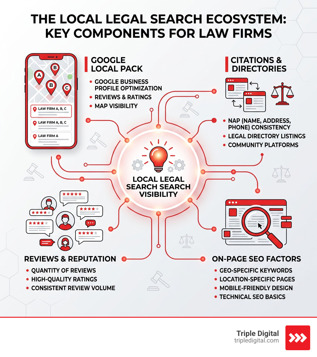 Local legal search ecosystem showing Google Local Pack, citations, reviews, and on-page SEO factors - local seo lawyers Local legal search ecosystem showing Google Local Pack, citations, reviews, and on-page SEO factors - local seo lawyers
