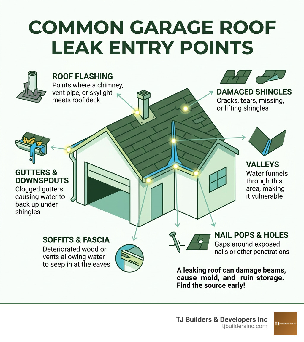 Common garage roof leak entry points infographic - garage roof leak repair infographic 