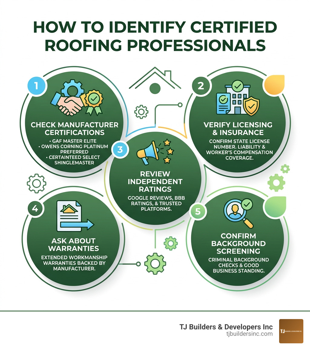 Infographic showing how to identify certified roofing professionals: certifications, licensing, warranties, reviews Infographic showing how to identify certified roofing professionals: certifications, licensing, warranties, reviews