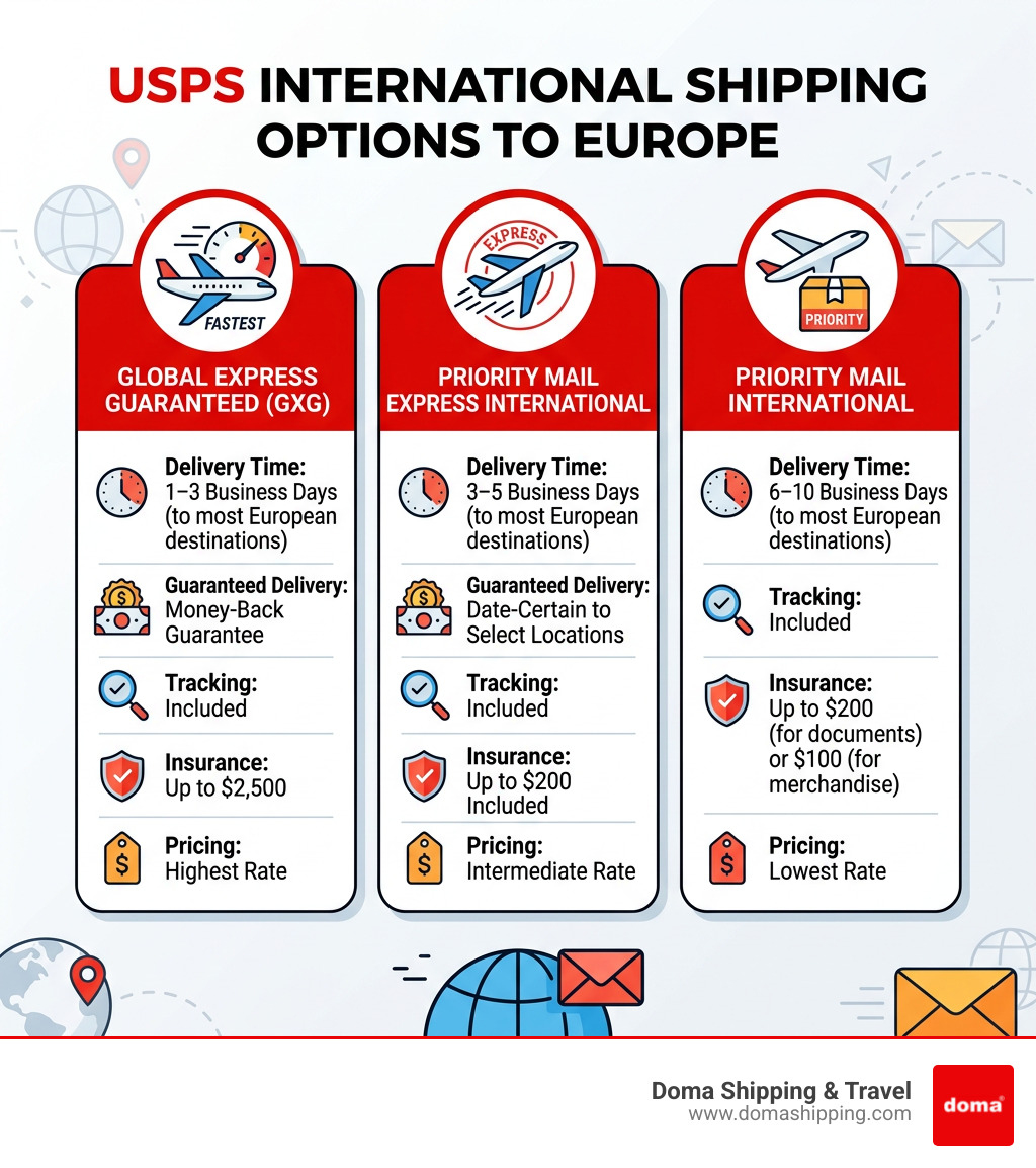 Table comparing USPS international services: Global Express Guaranteed, Priority Mail Express, and Priority Mail