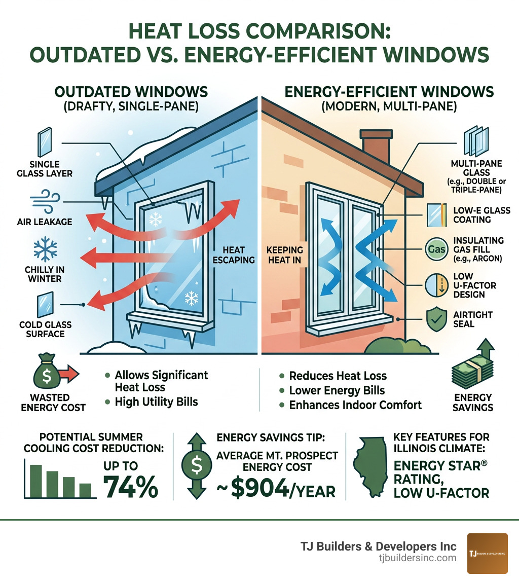 Infographic showing heat loss through outdated windows versus energy-efficient windows with key stats - Mount Prospect