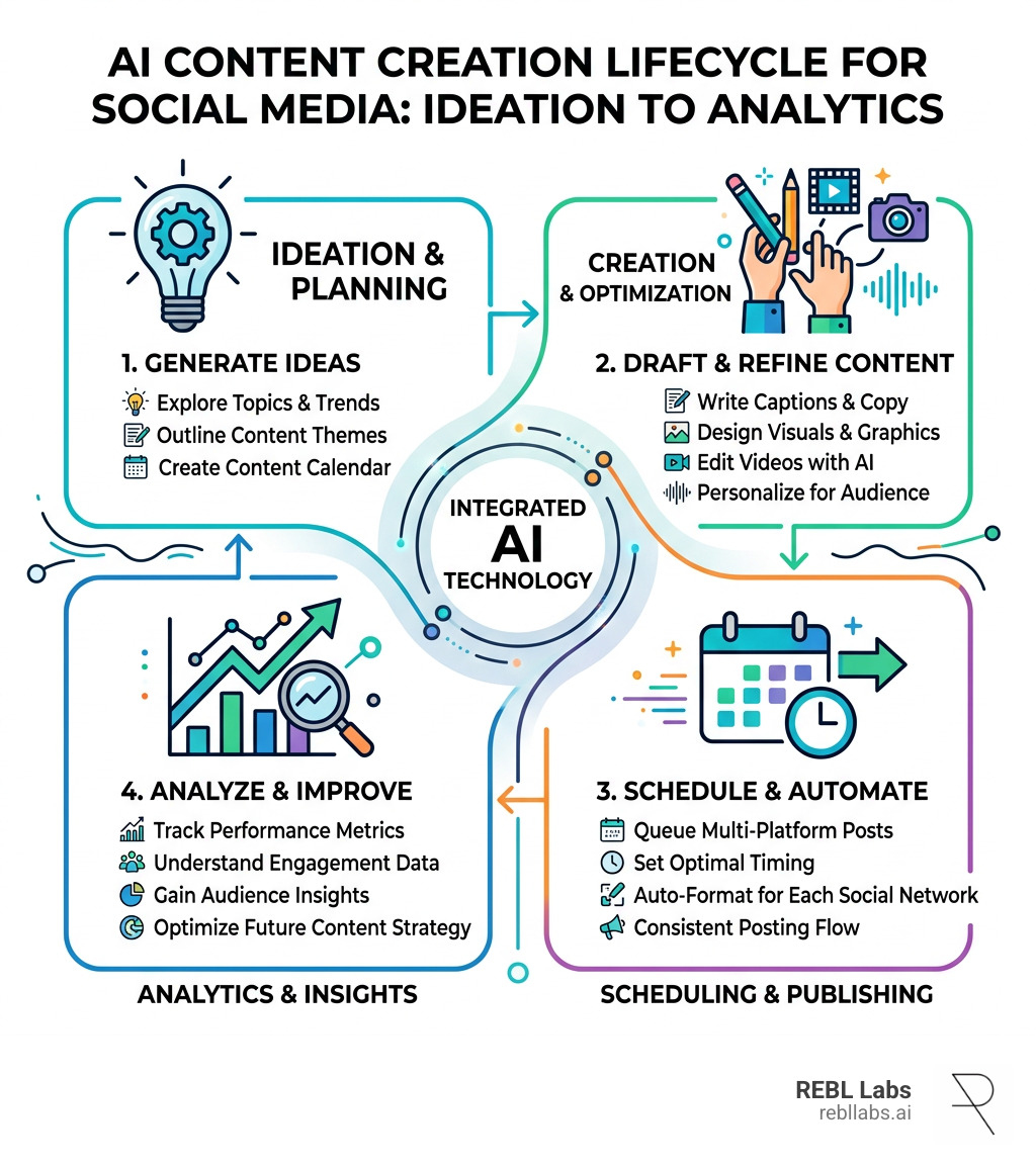 AI content creation lifecycle from ideation to scheduling and analytics for social media - ai tools for social media content